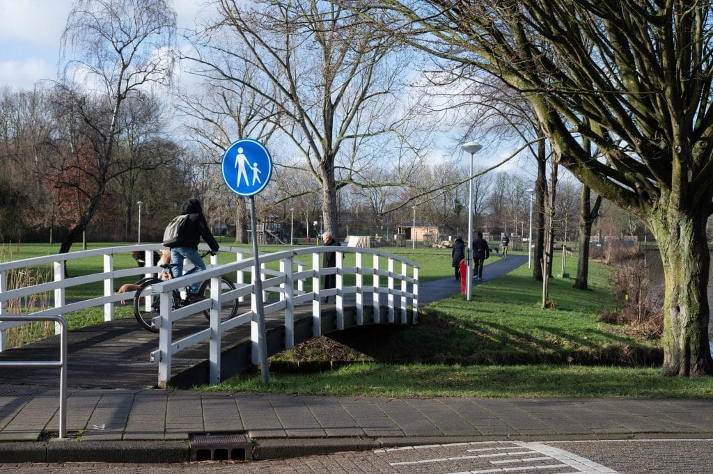 Decoratieve afbeelding. Jongen fietst door het park.